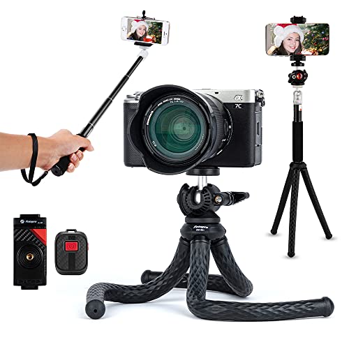 Fotopro Kamera Handy Stativ, Upgrade Flexibles Einziehbares Reisestativ mit Bluetooth Steuerung, Selfie-Stick und Smartphone Klemme für Camera Action Cam Smartphone(RM Series) von Fotopro