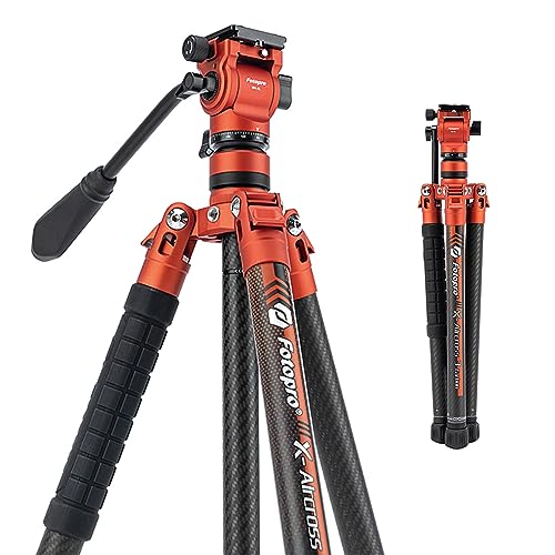 Fotopro X-Aircross 3 Video 62 Zoll leichtes Reise-Kamera-Stativ mit Fluid-Kopf 2.35lbs ultraleichtes tragbares professionelles Video-Reisestativ aus Kohlefaser für Kamera DSLR Last bis zu 22lbs Orange von Fotopro