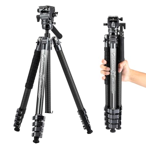 Fotopro X-Airfly Videokamera-Stativ mit Fluidkopf, Panorama-Kugelkopf, 1,3 kg, erweiterbar, tragbar, kompakt, Kohlefaser-Stativ für Kamera, DSLR, Belastung bis zu 15 kg, Grau von Fotopro