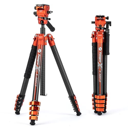 Fotopro X-Airfly Videokamera-Stativ mit Fluidkopf, Panorama-Kugelkopf, 1,3 kg, erweiterbar, tragbar, kompakt, Kohlefaser-Stativ für Kamera, DSLR, Belastung bis zu 15 kg, Orange von Fotopro