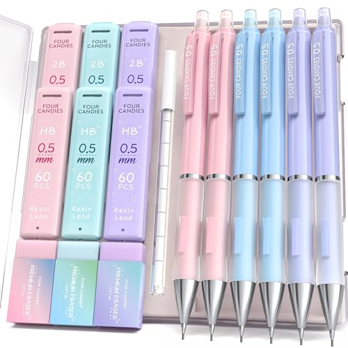 Four Candies 0.5 mm Druckbleistift Set - 6PCS Niedliche Bleistifte mit 360PCS HB&2B Minen, 3PCS Pastell Radiergummis und 9PCS Radiergummiminen von Four Candies