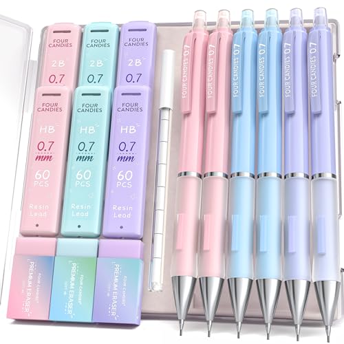 Four Candies 0.7 mm Druckbleistift Set - 6PCS Niedliche Bleistifte mit 360PCS HB&2B Minen, 3PCS Pastell Radiergummis und 9PCS Radiergummiminen von Four Candies