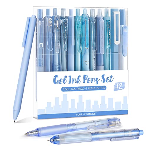 Four Candies 12er-Pack Gelschreiber, 11 Gelstifte Schwarz + 1 Pastell Textmarker, Stifte Aesthetic Gel Pens Set - Zubehör für Schule & Büro (Blauer Schaft) von Four Candies