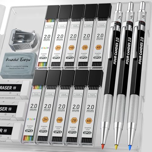 Four Candies 3 Stück Druckbleistift 2mm Fallminenstift mit Etui, Metall Minenbleistift mit 120 Graphitminen (HB 2H 2B 4B Farbe), 4 Radiergummis, Spitzer, Zeichenstift für Schreiben, Zeichnen von Four Candies