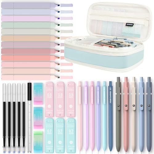 Four Candies 39 Stück Schulsachen mit Mäppchen, 12 Pastell Textmarker, 5 Gelstifte Schwarzer,6 Druckbleistift Set 0,5 & 0,7 mm für Schüler Stationery Aesthetic School Stuff Clean Girl (Blauer) von Four Candies