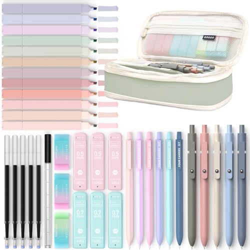 Four Candies 39 Stück Schulsachen mit Mäppchen, 12 Pastell Textmarker, 5 Gelstifte mit Schwarzer Tinte,6 Druckbleistift Set 0,5 & 0,7 mm für Schüler Stationery Aesthetic School Stuff Clean Girl (Grün) von Four Candies