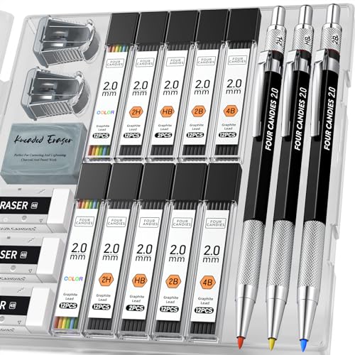 FourCandies Art Mechanical Pencil Set - 3PCS 2MM Mechanical Pencils with 120PCS Graphite Lead Refills(HB, 2H, 2B, 4B, Color), 3PCS Erasers & Sharpener, Drafting Pencil for Writing, Drawing, Sketching von Four Candies