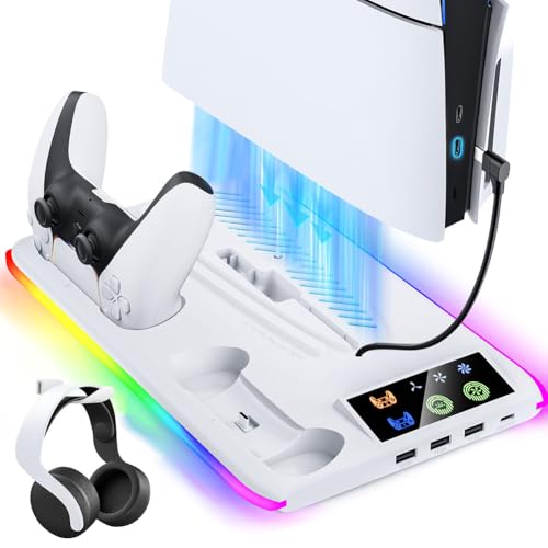 Fouvin Standfuß für PS5 Slim, für PS5 Ständer mit 3-Stufig Kühler Lüfter, für PS5 Controller Ladestation Headset-Halter, für PS5 Slim Zubehör für PS5 Slim Disc & Digital Konsole von Fouvin