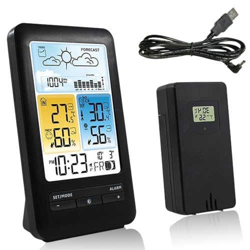 Wetterstation Funk mit Außensensor, Digital DCF-Funkuhr Thermometer Innen Außen Temperaturanzeige Funk, Wetterstationen Innen und Außentemperatur Funk mit Wettervorhersage, Schwarz Wetterstation Funk mit Außensensor, Digital DCF-Funkuhr Thermometer Innen Außen Temperaturanzeige Funk, Wetterstationen Innen und Außentemperatur Funk mit Wettervorhersage, Schwarz von Fouvin