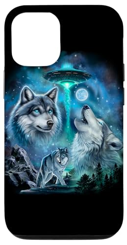 Alien Wolf Heulender Mond UFO Galaxie Wald Nacht Kunst Hülle für iPhone 12/12 Pro von Fox Republic Design