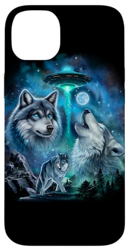 Alien Wolf Heulender Mond UFO Galaxie Wald Nacht Kunst Hülle für iPhone 14 Plus von Fox Republic Design