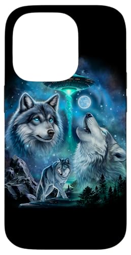 Alien Wolf Heulender Mond UFO Galaxie Wald Nacht Kunst Hülle für iPhone 14 Pro von Fox Republic Design