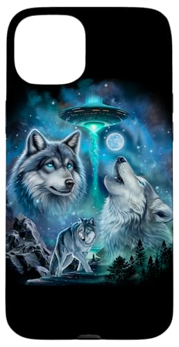 Alien Wolf Heulender Mond UFO Galaxie Wald Nacht Kunst Hülle für iPhone 15 Plus von Fox Republic Design