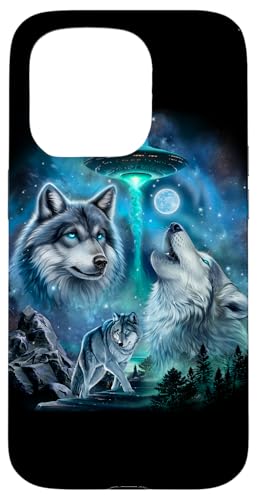 Alien Wolf Heulender Mond UFO Galaxie Wald Nacht Kunst Hülle für iPhone 15 Pro von Fox Republic Design