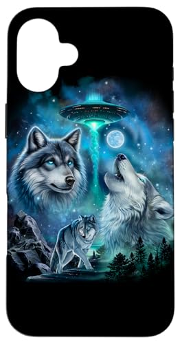 Alien Wolf Heulender Mond UFO Galaxie Wald Nacht Kunst Hülle für iPhone 16 Plus von Fox Republic Design