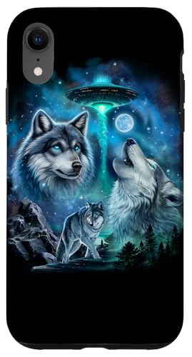 Alien Wolf Heulender Mond UFO Galaxie Wald Nacht Kunst Hülle für iPhone XR von Fox Republic Design