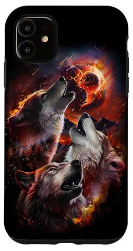 Hülle für iPhone 11 Wolf heult im brennenden Wald unter dem Asteroideneinschlag Mond von Fox Republic Design