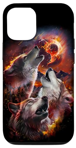 Hülle für iPhone 12/12 Pro Wolf heult im brennenden Wald unter dem Asteroideneinschlag Mond von Fox Republic Design