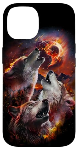 Hülle für iPhone 14 Wolf heult im brennenden Wald unter dem Asteroideneinschlag Mond von Fox Republic Design
