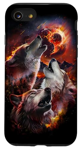 Hülle für iPhone SE (2020) / 7 / 8 Wolf heult im brennenden Wald unter dem Asteroideneinschlag Mond von Fox Republic Design