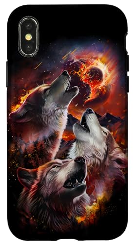 Hülle für iPhone X/XS Wolf heult im brennenden Wald unter dem Asteroideneinschlag Mond von Fox Republic Design