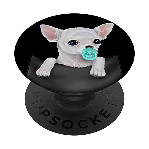 Weißer Chihuahua-Hund mit einem Schnuller in der Tasche PopSockets PopGrip: Ausziehbarer Sockel und Griff für Handys/Tablets mit Tauschbarem Top von Fox Republic Design