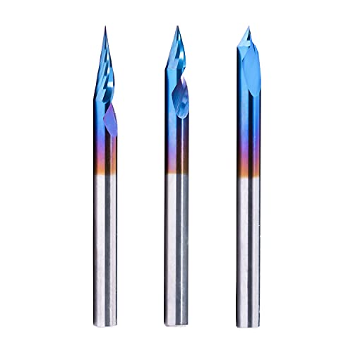 FoxAlien 3 Stück 20/30/60 Grad 0,1 mm 2-schneidige Spiralgravur V-Bit Set für Holzschnitzerei Fräsen, 1/8 Zoll Schaft CNC-Frässtifte, Nano-blaue Beschichtung, Schnitz-Bit für Holz, MDF, von FoxAlien