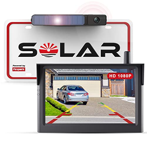 Foxpark Solar Kabellos Digital Rückfahrkamera Set (1080P), 3 Min. DIY Installation, Unterstützt 2 Kameras Funk mit 5" Monitor, IP69K Wasserdicht für Auto, SUV, Van, Wohnmobil von Foxpark