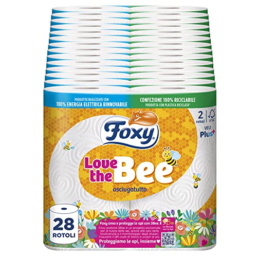 Foxy Love The Bee | Handtuch 28 Rollen mit 60 Streifen | 2-lagig, hohe Dicke | FSC | 100% erneuerbarer Strom | Recycelbare Verpackung aus recyceltem Kunststoff (Packung mit 6) von Foxy