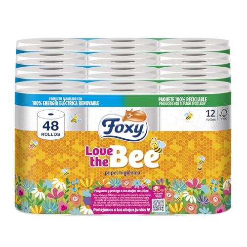 Foxy Love the Bee | 3-lagiges Toilettenpapier | 48 Rollen | 167 Services pro Rolle | FSC-zertifiziert | 100% erneuerbare elektrische Energie | recycelbare Verpackung aus recyceltem Kunststoff von Foxy