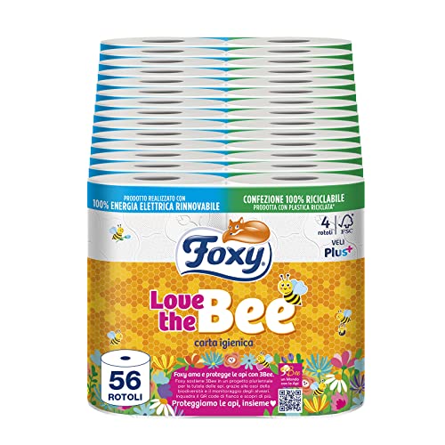 Foxy Love the Bee Toilettenpapier, 56 Rollen à 225 Abreißen, 2-lagig, hohe Dicke, FSC | 100% erneuerbare Energie, recycelbare Verpackung aus recyceltem Kunststoff von Foxy