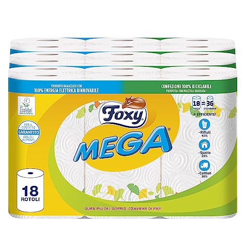 Foxy Mega Langlebiger Trockner 18 Rollen | 95 Abrisse pro Rolle | dekoriert | PEFC zertifiziert | 100% erneuerbare elektrische Energie | recycelbare Verpackung aus recyceltem Kunststoff von Foxy