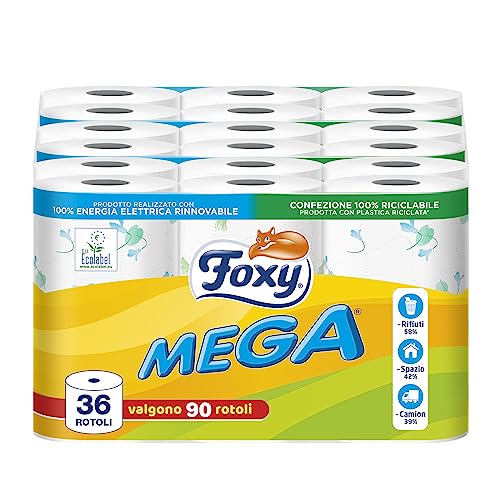 Foxy Mega Toilettenpapier, 36 Rollen, 480 Blatt, dekoriert, 100% erneuerbare Energie, Verpackung aus recyceltem Kunststoff von Foxy