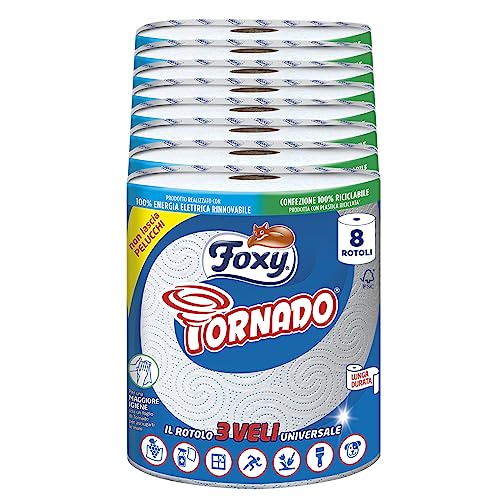 Foxy Tornado | Trockner | 8 Rollen | 250 Blatt pro Rolle | 3-lagige Universalrolle | Papier 100% FSC® zertifiziert | Verpackung 100% recyclebar von Foxy