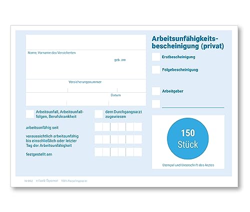 Frank Paperman® | 150x Blatt Attest block für Krankschreibungen | ungeblockt | Vordruck Arbeitsunfähigkeitsbescheinigung im DIN-A6-Format | Arzt Zubehör von Frank Paperman