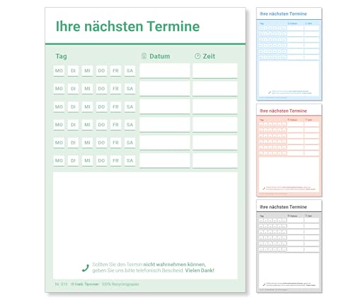 Frank Paperman® | 600 Terminzettel Praxis | 12 x Terminblock à 50 Blatt | grün | 6 Termine pro Zettel | für Ärzte. Heilpraktiker. Physio. Massage. Studios u.v.m. von Frank Paperman