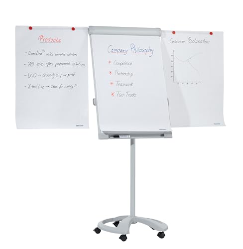 FRANKEN Flipchart, Beschreibbar, Magnetisch, Mobil, Mit Rollen und 2 Seitenarmen, Whiteboard mit Ständer, Papierhalterung und Stifteablage, 67 x 95 cm, PRO Deluxe Mobil, FC81 von Franken