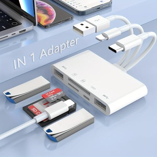 5 in 1 SD Kartenleser für iPhone, Speicherkartenleser USB/USB C auf SD/TF Karte USB OTG Adapter auf SD Kartenadapter mit Ladeanschluss für iPhone/iPad/MacBook/Samsung/PC Plug and Play SD/Micro SD von Fraternize