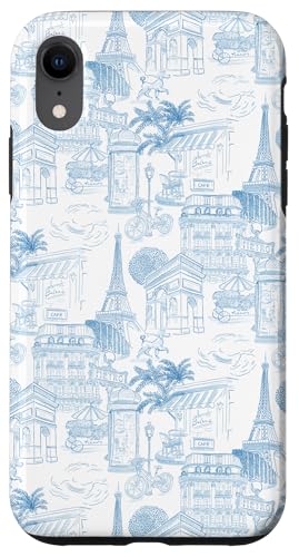 Adrette Kornblumenblau Paris Toile Cafe Pudel Eiffelbäume Hülle für iPhone XR von French Aesthetic Toile Patterns