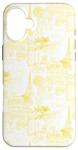 Adrette gelbe Paris Toile Cafe Pudel Eiffel Bogenbäume Hülle für iPhone 16 Plus von French Aesthetic Toile Patterns