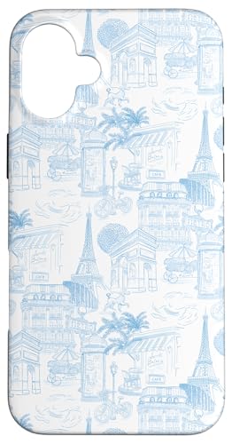 Adrette hellblaue Paris Toile Cafe Pudel Eiffel Bogen Bäume Hülle für iPhone 16 Plus von French Aesthetic Toile Patterns