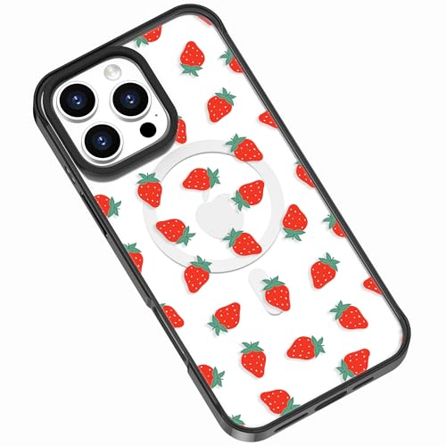Ästhetische Schutzhülle, kompatibel mit iPhone 15 Pro Max, 17 cm (6,7 Zoll), Erdbeermuster, Kawaii-Frucht-Design, transparent, stoßfest, kompatibel mit Magsafe, für Damen und Mädchen von Frepstudio