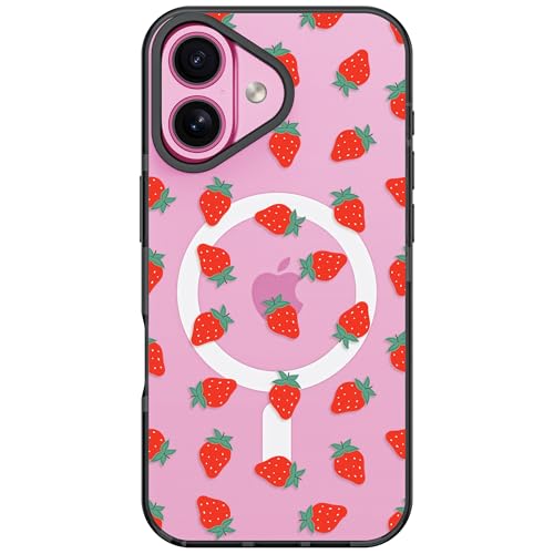 Ästhetische Schutzhülle, kompatibel mit iPhone 16 Plus, 17 cm (6,7 Zoll), Erdbeermuster, Kawaii-Frucht-Design, transparent, stoßfest, kompatibel mit Magsafe, für Damen und Mädchen von Frepstudio