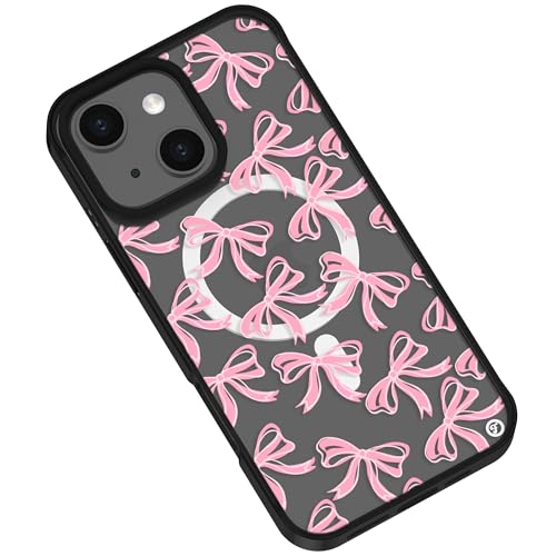 Frepstudio Ästhetische Schutzhülle, kompatibel mit iPhone 14 Plus, 17 cm (6,7 Zoll), süßes rosa Schleifenmuster, transparent, schwarz, stoßfest, kompatibel mit Magsafe, für Damen und Mädchen von Frepstudio