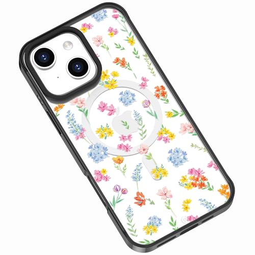 Frepstudio Ästhetische Schutzhülle, kompatibel mit iPhone 15 Plus, 17 cm (6,7 Zoll), Blumenmuster, transparent, stoßfest, kompatibel mit Magsafe, für Frauen und Mädchen (helle Frühlingsblumen) von Frepstudio