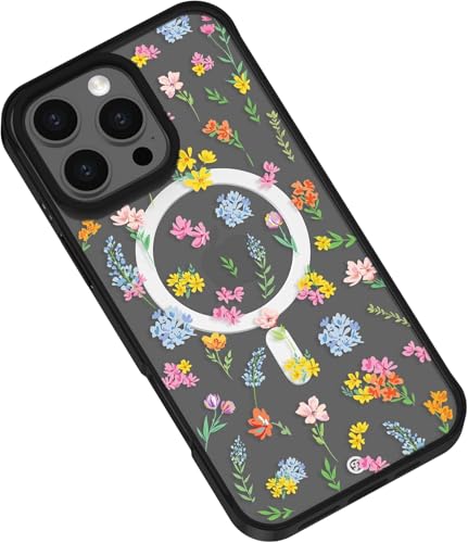 Frepstudio Ästhetische Schutzhülle, kompatibel mit iPhone 15 Pro Max, 17 cm (6,7 Zoll), Blumenmuster, transparent, stoßfest, kompatibel mit Magsafe, für Frauen und Mädchen (helle Frühlingsblumen) von Frepstudio