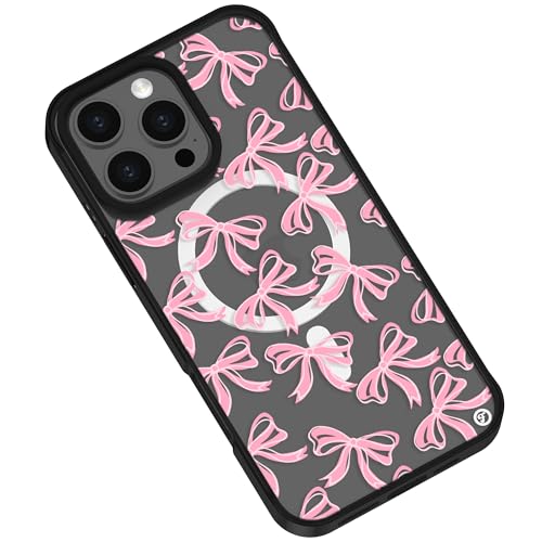 Frepstudio Ästhetische Schutzhülle, kompatibel mit iPhone 15 Pro Max, 17 cm (6,7 Zoll), süßes rosa Schleifenmuster, transparent, schwarz, stoßfest, kompatibel mit Magsafe, für Damen und Mädchen von Frepstudio