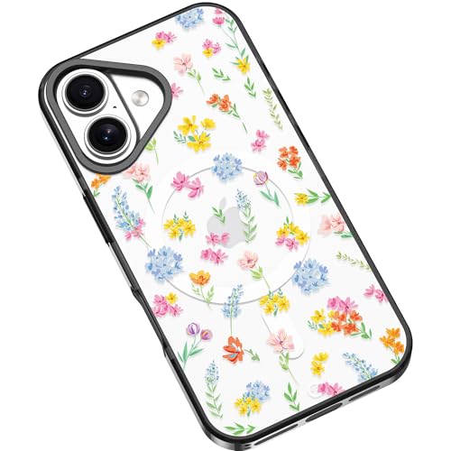 Frepstudio Ästhetische Schutzhülle, kompatibel mit iPhone 16 Plus, 17 cm (6,7 Zoll), Blumenmuster, transparent, stoßfest, kompatibel mit Magsafe, für Damen und Mädchen, leuchtende Frühlingsblumen von Frepstudio