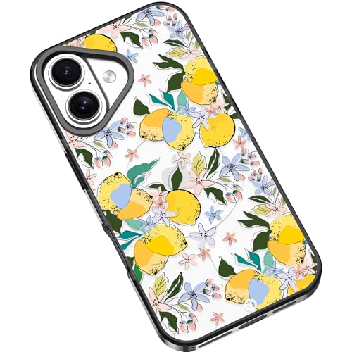 Frepstudio Ästhetische Schutzhülle, kompatibel mit iPhone 16 Plus, 17 cm (6,7 Zoll), Blumenmuster, transparent, stoßfest, kompatibel mit Magsafe, für Damen und Mädchen (Sommerzitrone) von Frepstudio