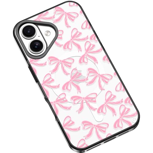 Frepstudio Ästhetische Schutzhülle, kompatibel mit iPhone 16 Plus, 17 cm (6,7 Zoll), süßes rosa Schleifenmuster, transparent, schwarz, stoßfest, kompatibel mit Magsafe, für Damen und Mädchen von Frepstudio